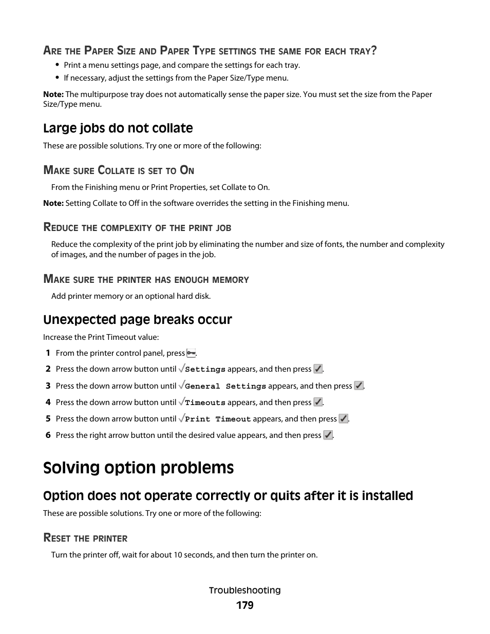 Large jobs do not collate, Solving option problems, Unexpected page breaks occur | Lexmark 280 User Manual | Page 179 / 217