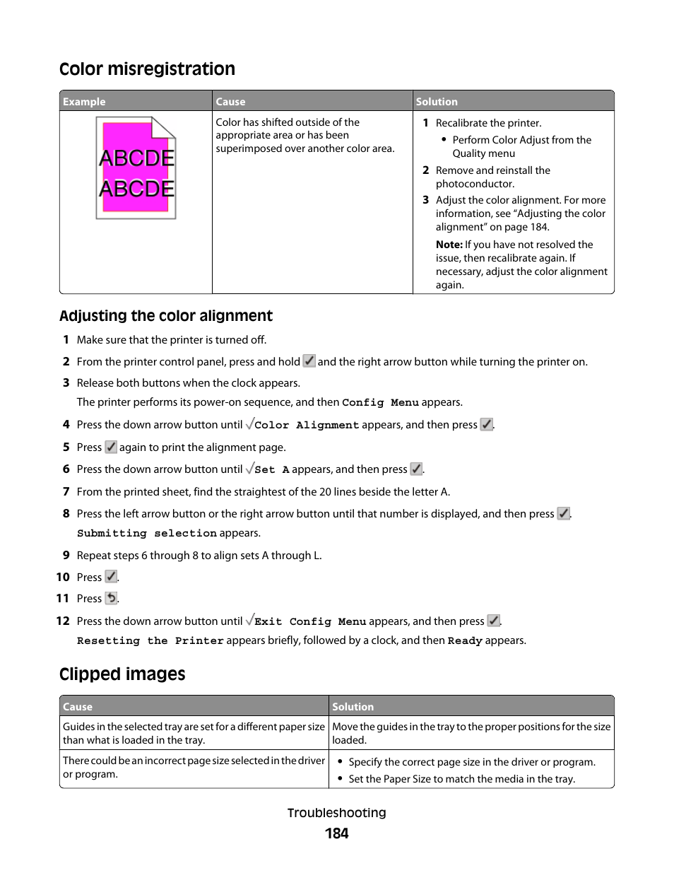 Color misregistration, Clipped images, Color misregistration clipped images | Lexmark 280 User Manual | Page 184 / 217