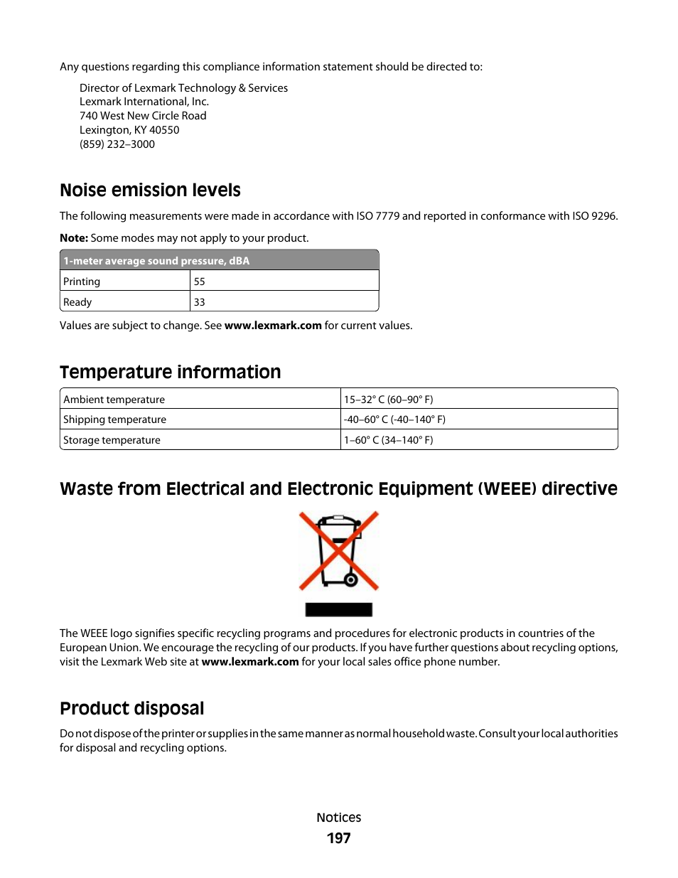 Noise emission levels, Temperature information, Product disposal | Lexmark 280 User Manual | Page 197 / 217