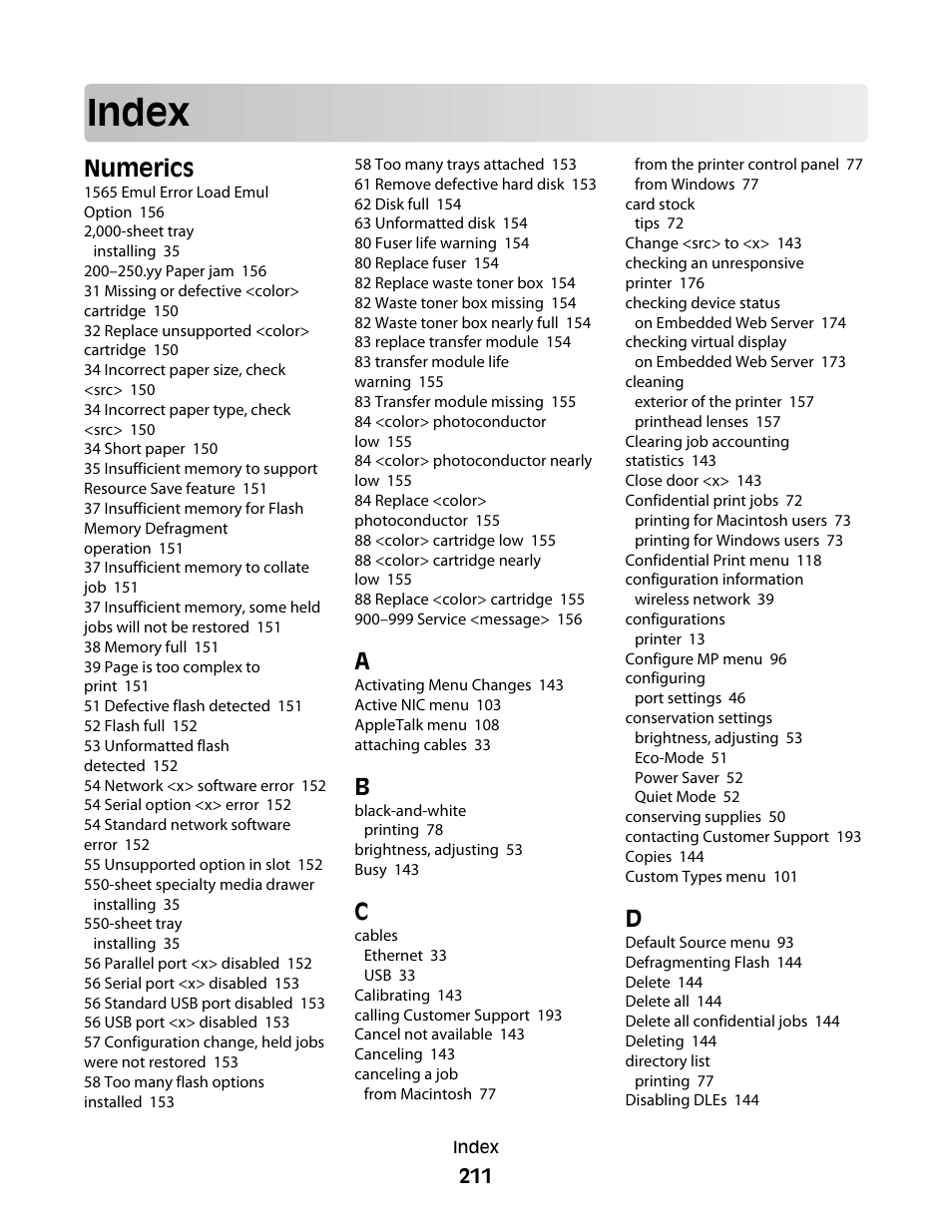 Index, Numerics | Lexmark 280 User Manual | Page 211 / 217