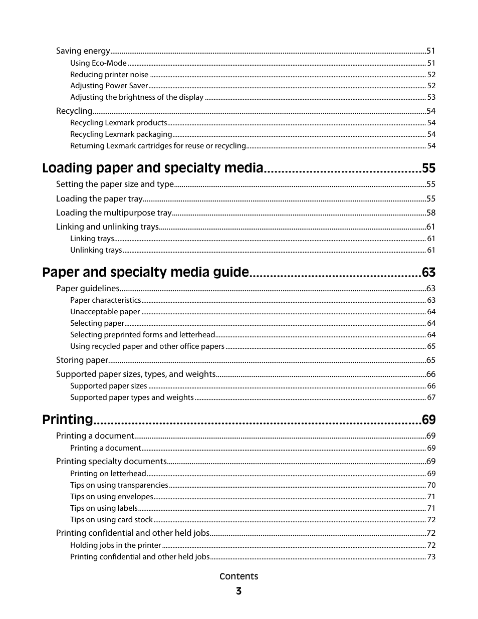 Loading paper and specialty media, Paper and specialty media guide, Printing | Lexmark 280 User Manual | Page 3 / 217