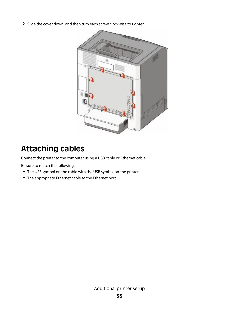 Attaching cables | Lexmark 280 User Manual | Page 33 / 217