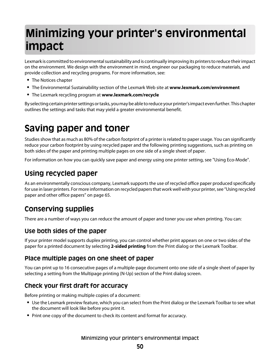 Minimizing your printer's environmental impact, Saving paper and toner, Using recycled paper | Conserving supplies, Using recycled paper conserving supplies | Lexmark 280 User Manual | Page 50 / 217