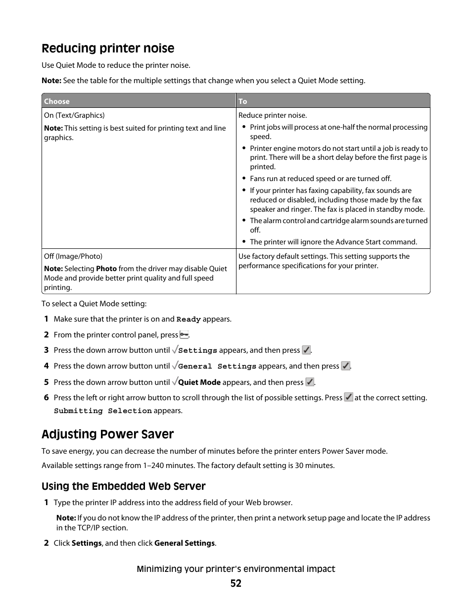Reducing printer noise, Adjusting power saver, Reducing printer noise adjusting power saver | Lexmark 280 User Manual | Page 52 / 217