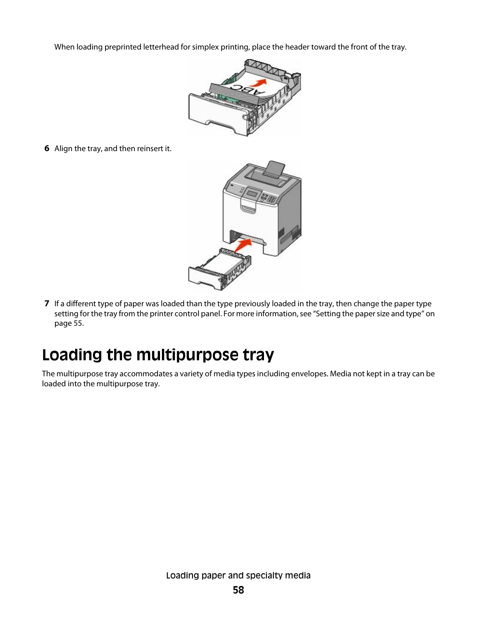 Loading the multipurpose tray | Lexmark 280 User Manual | Page 58 / 217