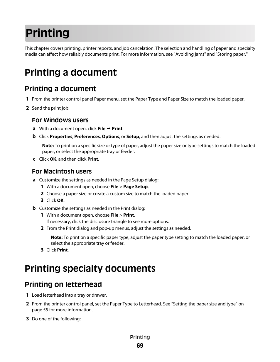 Printing, Printing a document, Printing specialty documents | Printing on letterhead | Lexmark 280 User Manual | Page 69 / 217