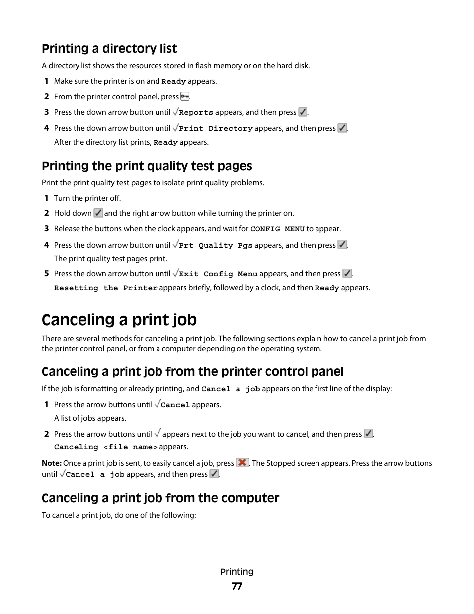 Printing a directory list, Canceling a print job, Canceling a print job from the computer | Printing the print quality test pages | Lexmark 280 User Manual | Page 77 / 217