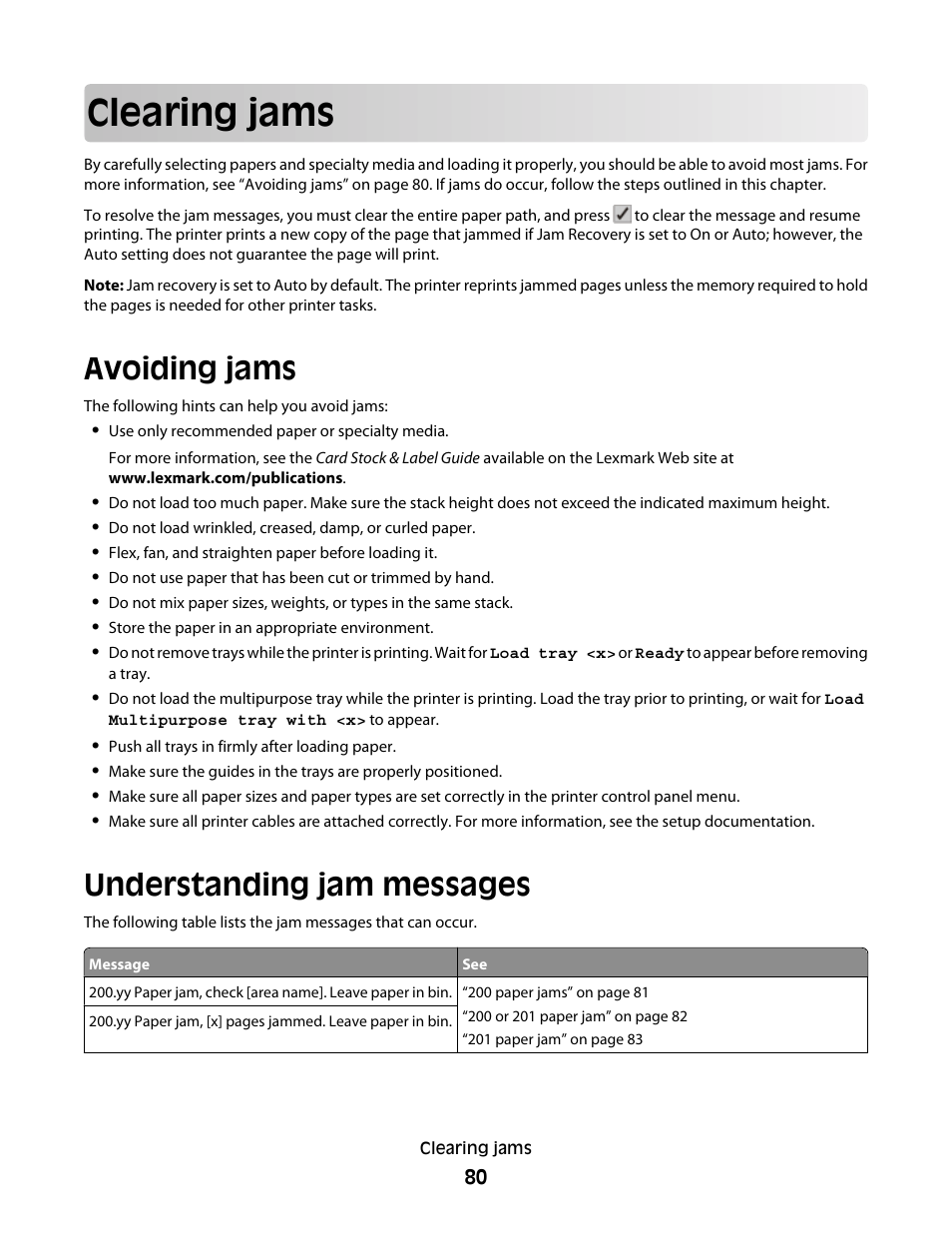 Clearing jams, Avoiding jams, Understanding jam messages | Avoiding jams understanding jam messages | Lexmark 280 User Manual | Page 80 / 217