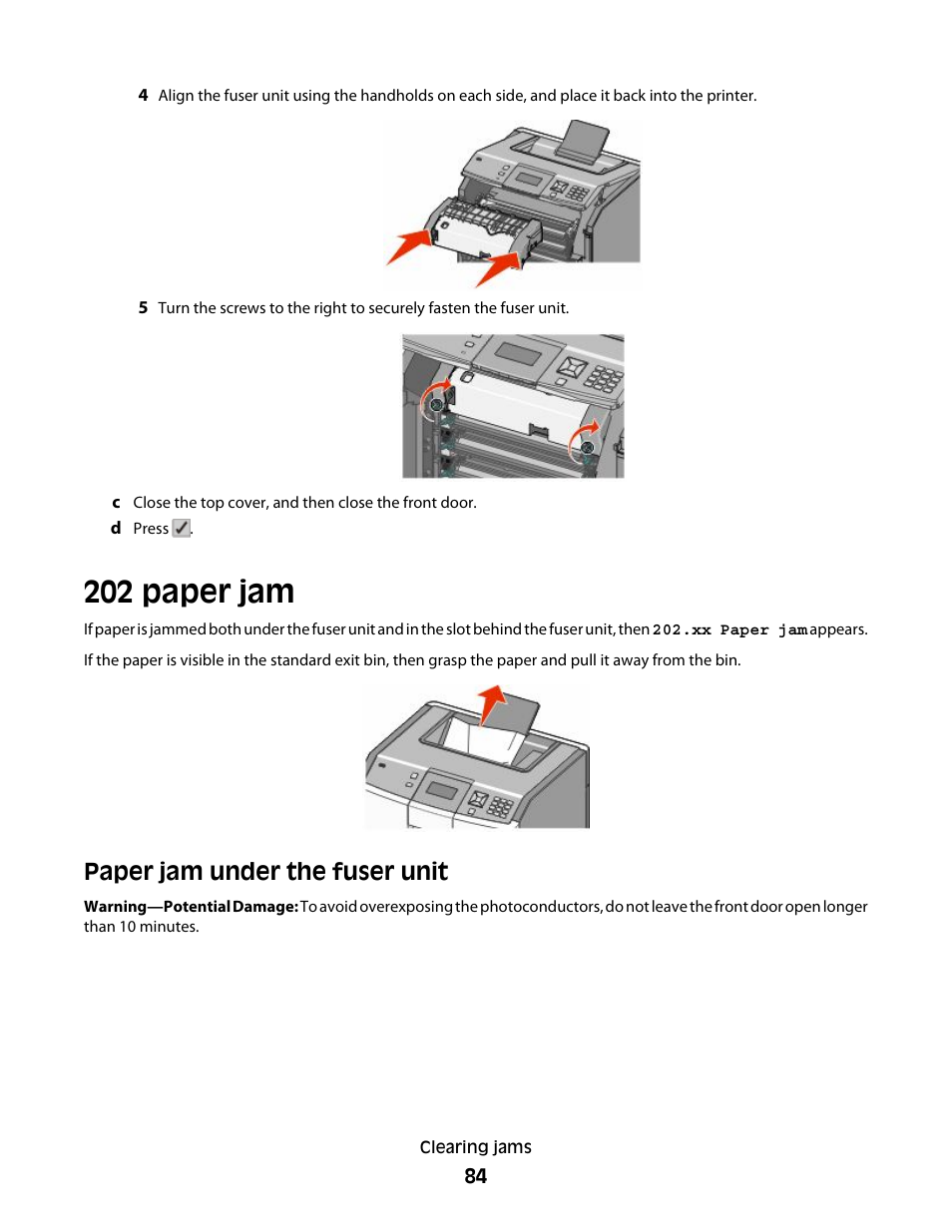202 paper jam, Paper jam under the fuser unit | Lexmark 280 User Manual | Page 84 / 217