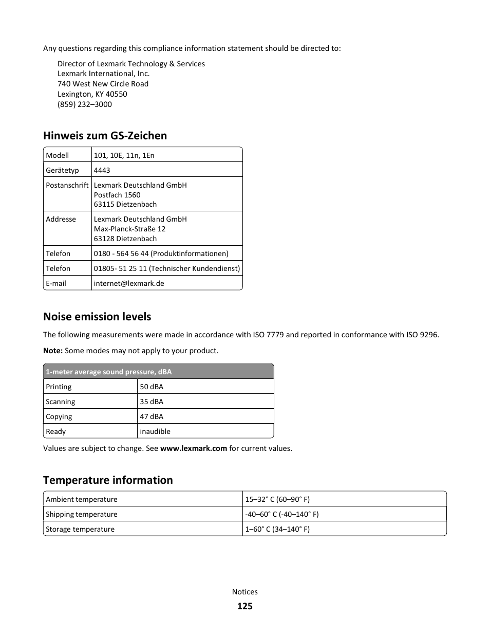 Hinweis zum gs-zeichen, Noise emission levels, Temperature information | Lexmark 101 User Manual | Page 125 / 144
