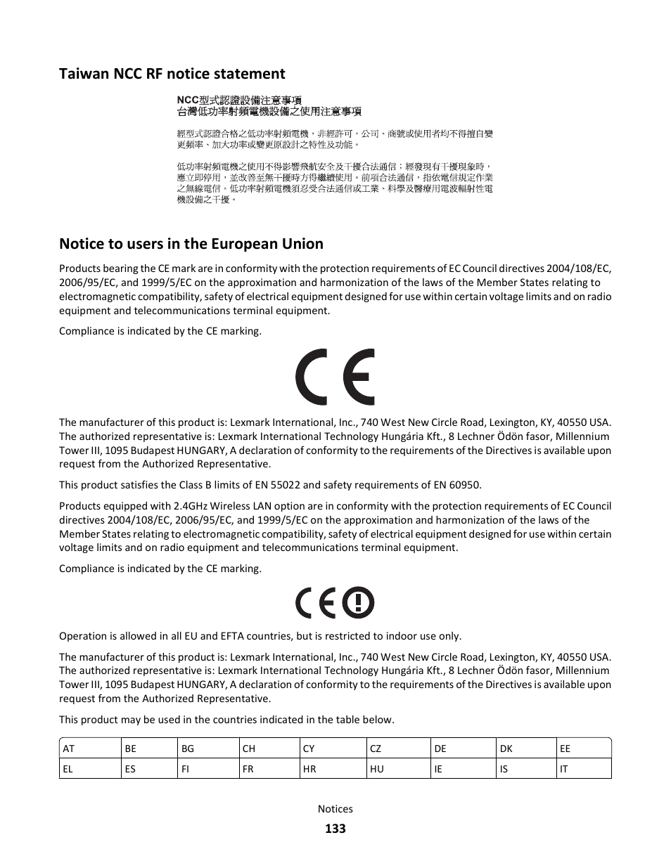 Taiwan ncc rf notice statement, Notice to users in the european union | Lexmark 101 User Manual | Page 133 / 144