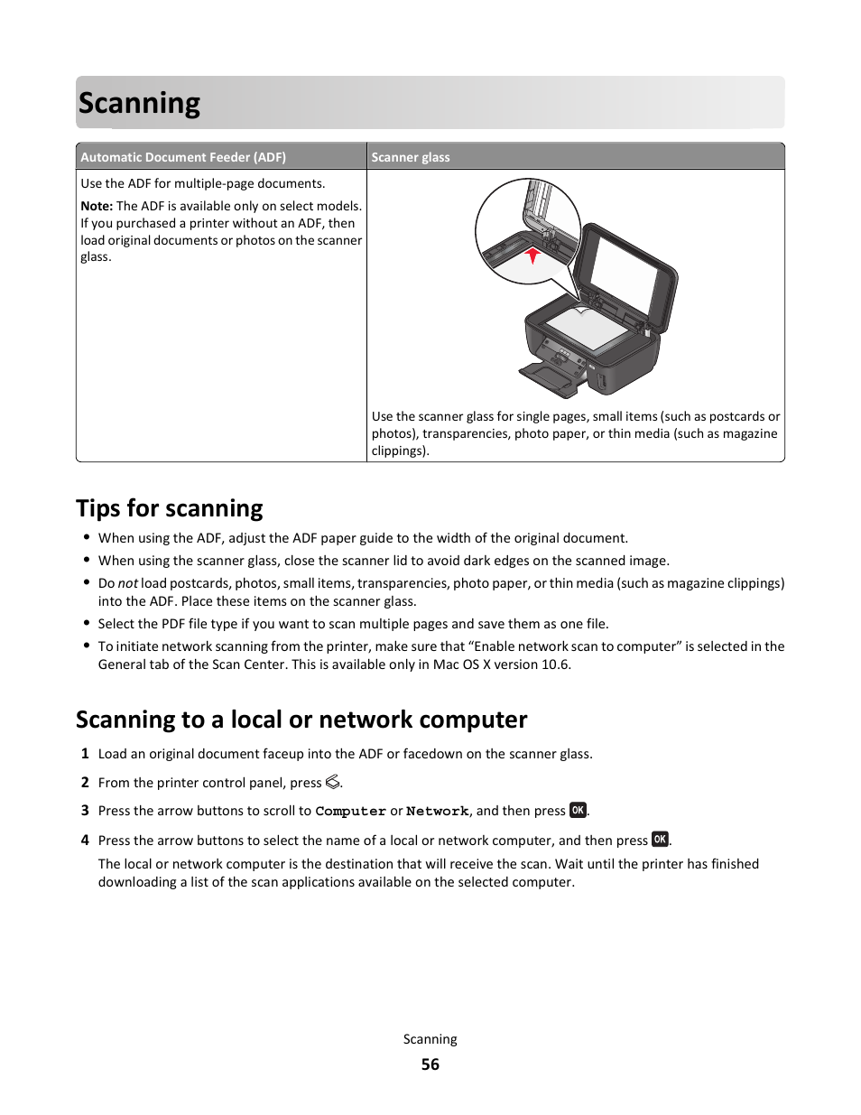 Scanning, Tips for scanning, Scanning to a local or network computer | Lexmark 101 User Manual | Page 56 / 144