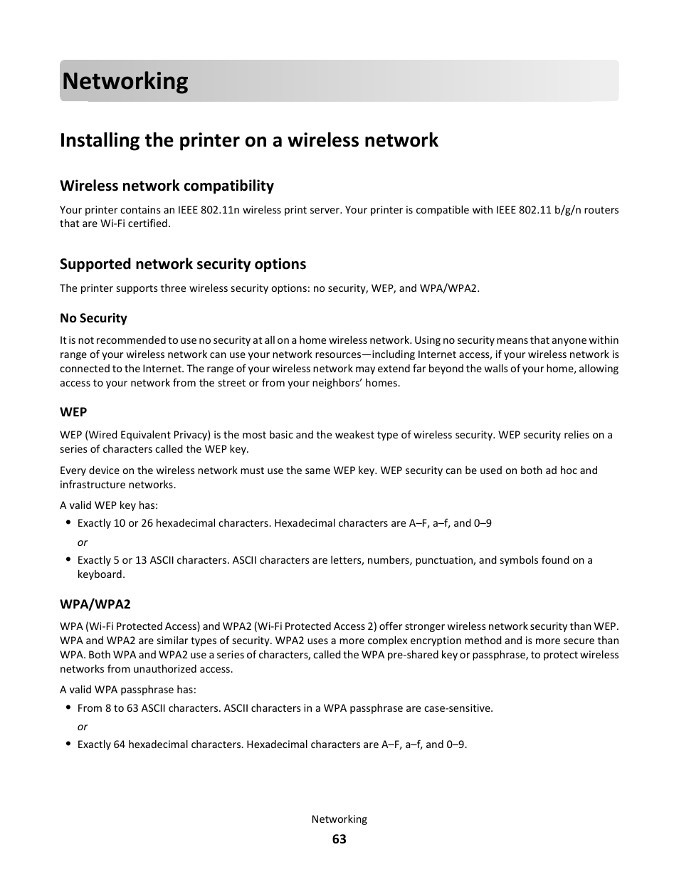 Networking, Installing the printer on a wireless network, Wireless network compatibility | Supported network security options | Lexmark 101 User Manual | Page 63 / 144