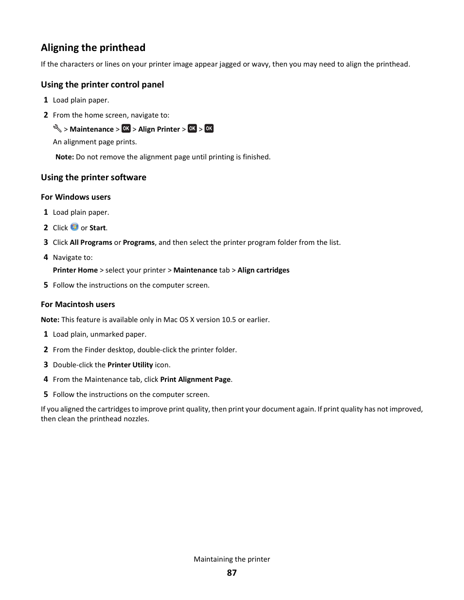 Aligning the printhead | Lexmark 101 User Manual | Page 87 / 144