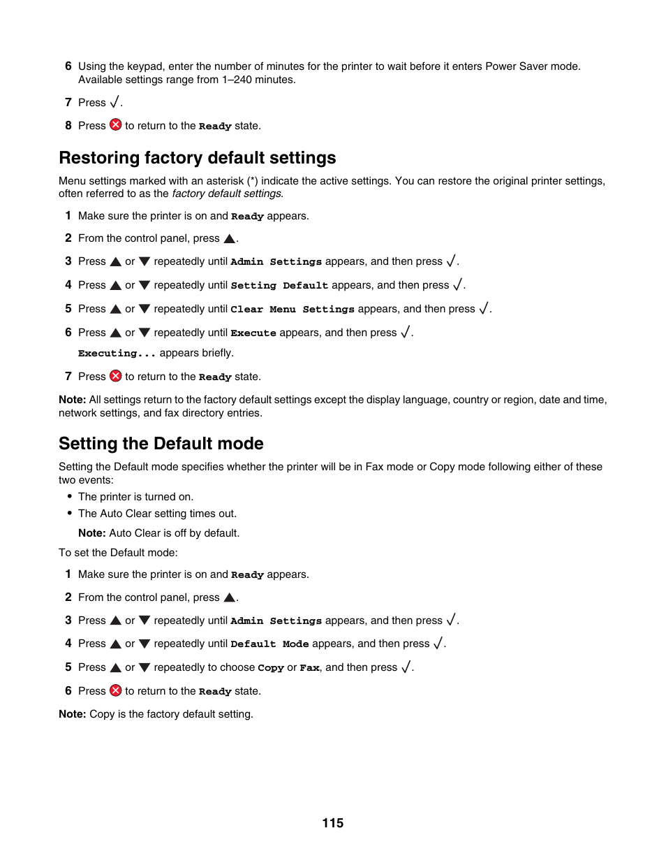 Restoring factory default settings, Setting the default mode | Lexmark X500N User Manual | Page 115 / 150