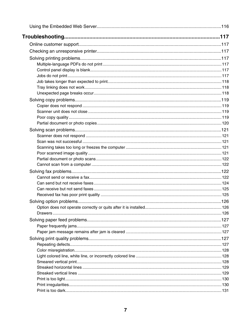 Troubleshooting | Lexmark X500N User Manual | Page 7 / 150
