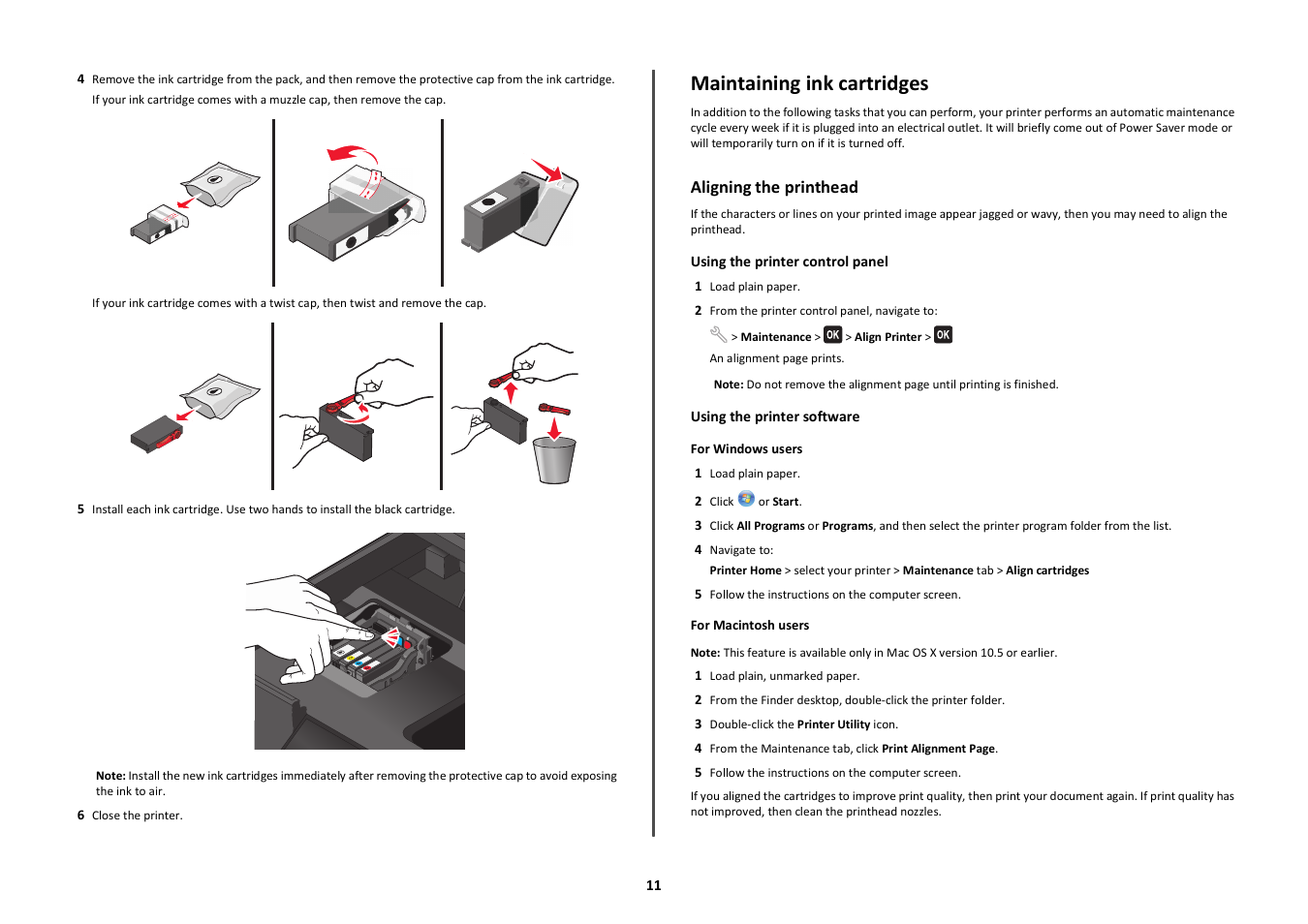 Maintaining ink cartridges, Aligning the printhead | Lexmark Prospect Pro208 User Manual | Page 11 / 27