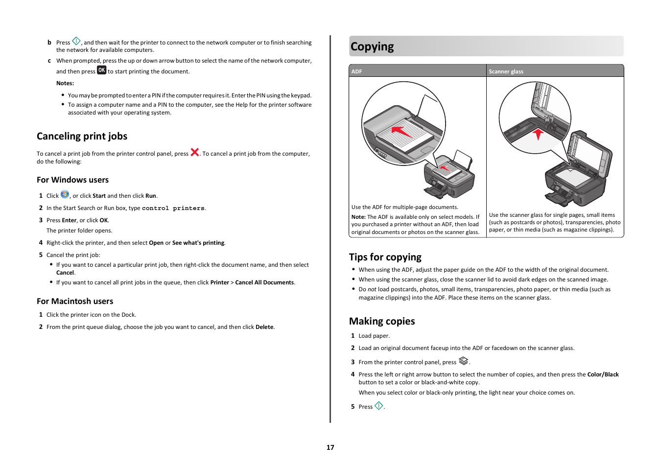 Canceling print jobs, Copying, Tips for copying | Making copies | Lexmark Prospect Pro208 User Manual | Page 17 / 27