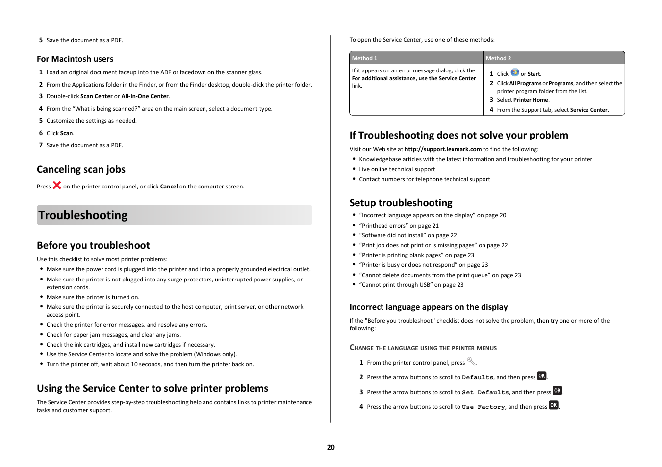 Canceling scan jobs, Troubleshooting, Before you troubleshoot | Using the service center to solve printer problems, If troubleshooting does not solve your problem, Setup troubleshooting, Incorrect language appears on the display | Lexmark Prospect Pro208 User Manual | Page 20 / 27