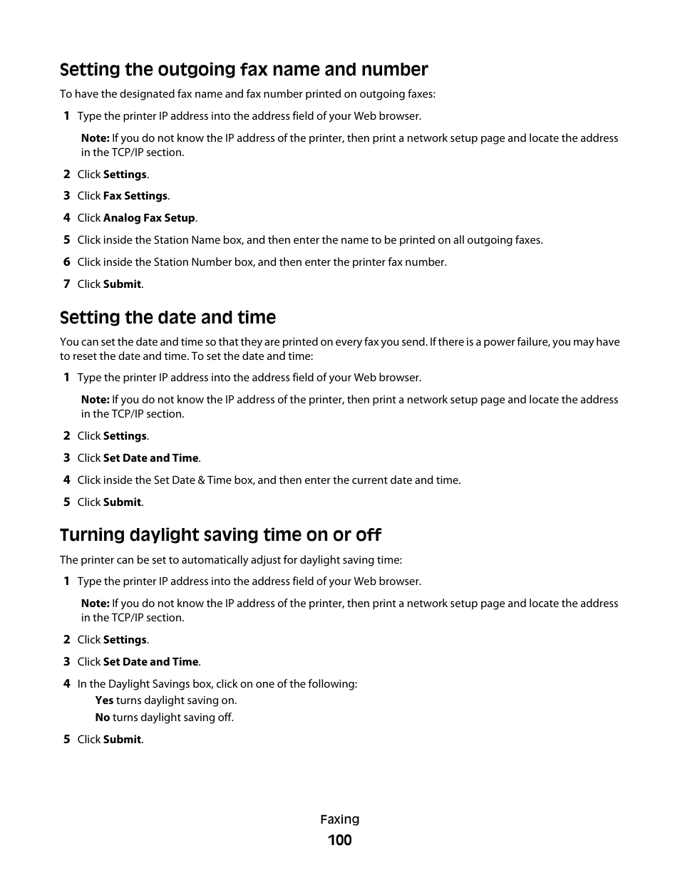Setting the outgoing fax name and number, Setting the date and time, Turning daylight saving time on or off | Lexmark 382 User Manual | Page 100 / 258