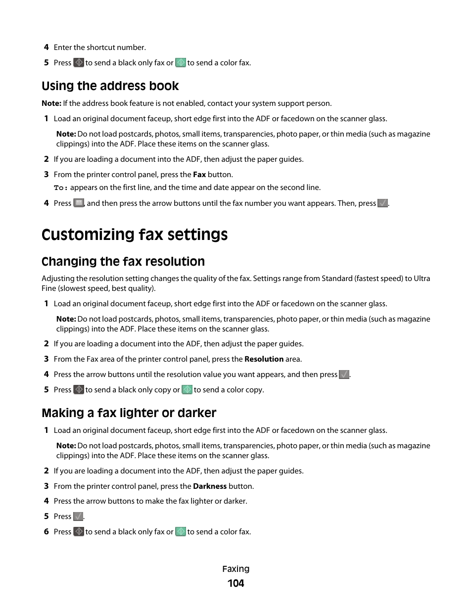 Using the address book, Customizing fax settings, Changing the fax resolution | Making a fax lighter or darker | Lexmark 382 User Manual | Page 104 / 258