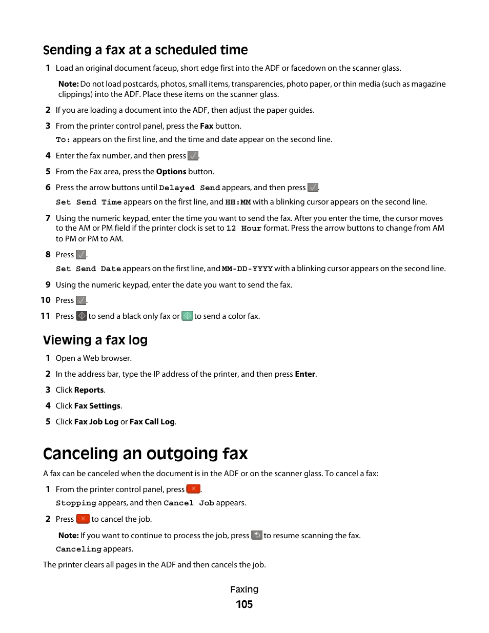 Sending a fax at a scheduled time, Viewing a fax log, Canceling an outgoing fax | Lexmark 382 User Manual | Page 105 / 258