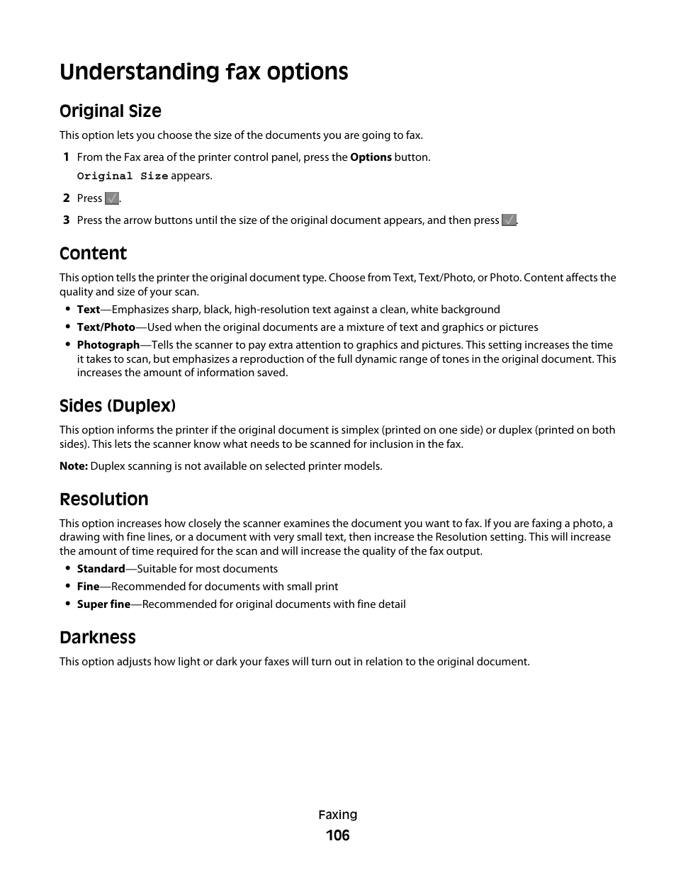 Understanding fax options, Original size, Content | Sides (duplex), Resolution, Darkness | Lexmark 382 User Manual | Page 106 / 258