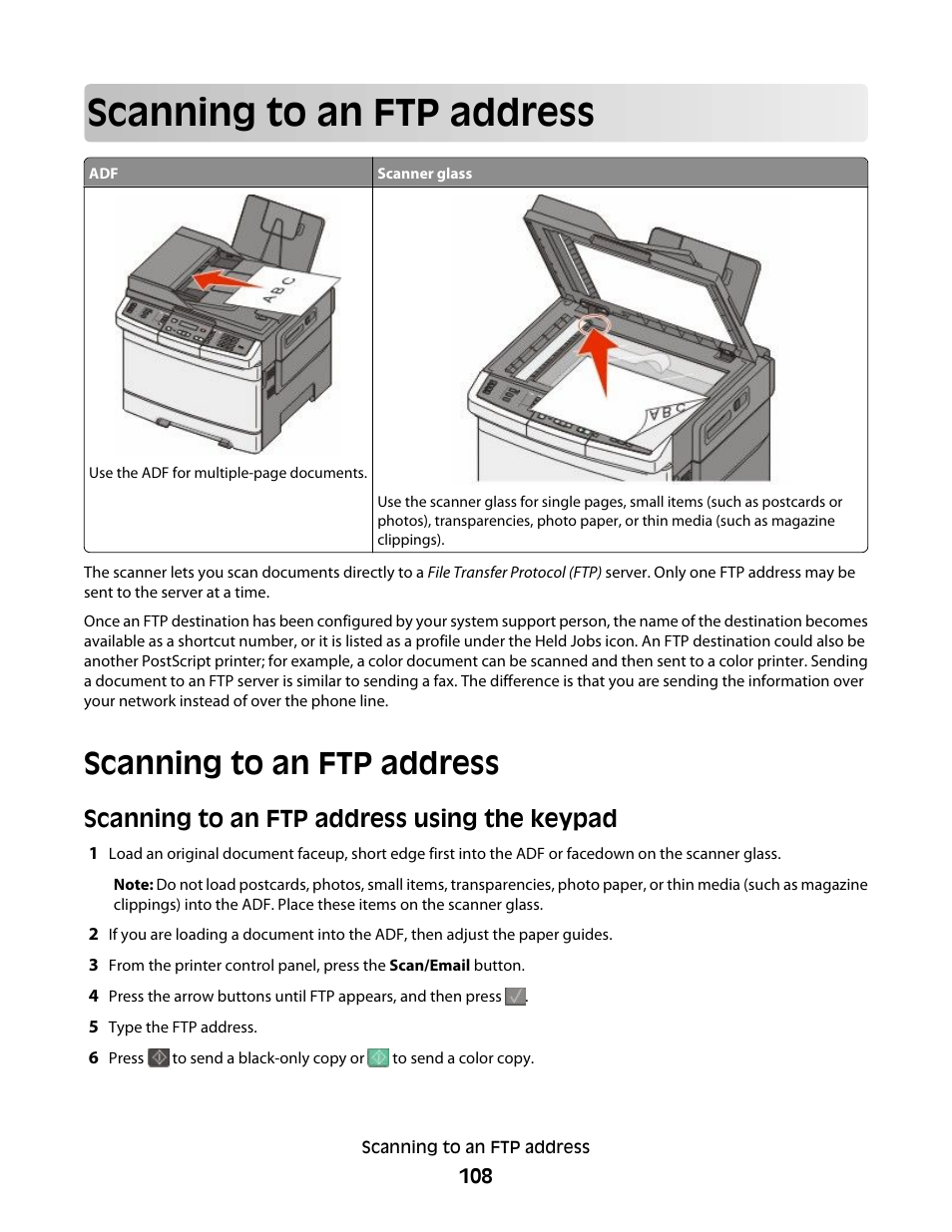 Scanning to an ftp address, Scanning to an ftp address using the keypad | Lexmark 382 User Manual | Page 108 / 258