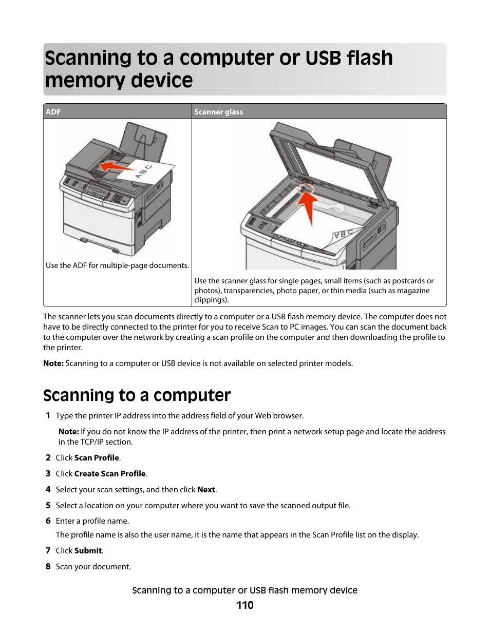 Scanning to a computer or usb flash memory device, Scanning to a computer | Lexmark 382 User Manual | Page 110 / 258