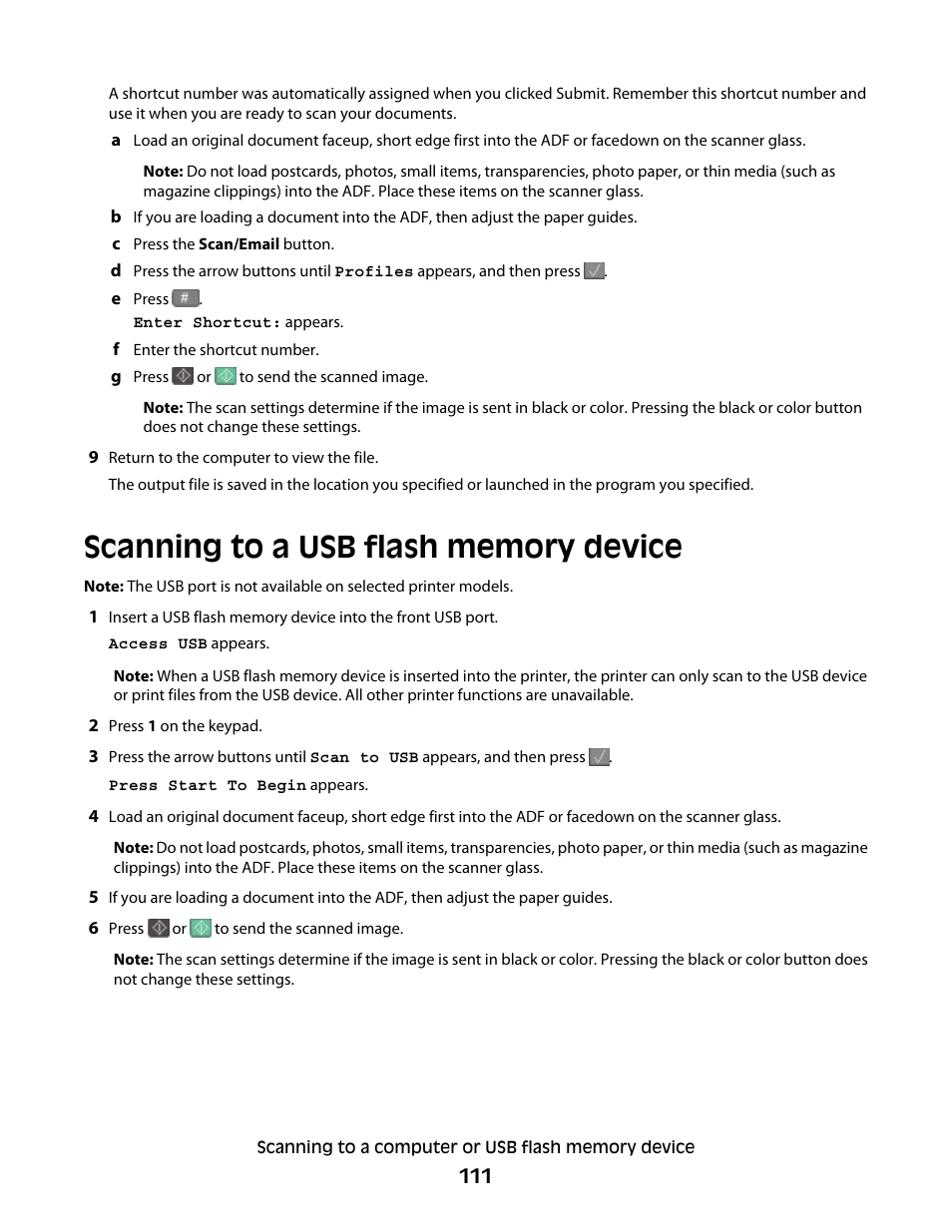 Scanning to a usb flash memory device | Lexmark 382 User Manual | Page 111 / 258