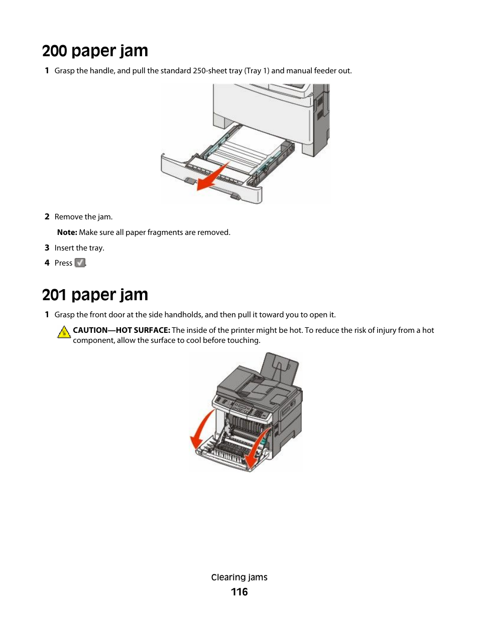 200 paper jam, 201 paper jam, 200 paper jam 201 paper jam | Lexmark 382 User Manual | Page 116 / 258
