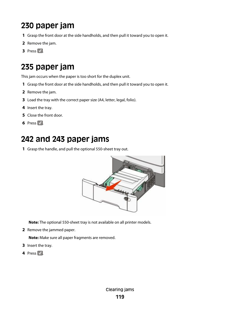 230 paper jam, 235 paper jam, 242 and 243 paper jams | 230 paper jam 235 paper jam 242 and 243 paper jams | Lexmark 382 User Manual | Page 119 / 258
