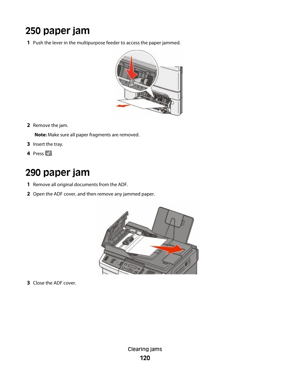 250 paper jam, 290 paper jam, 250 paper jam 290 paper jam | Lexmark 382 User Manual | Page 120 / 258
