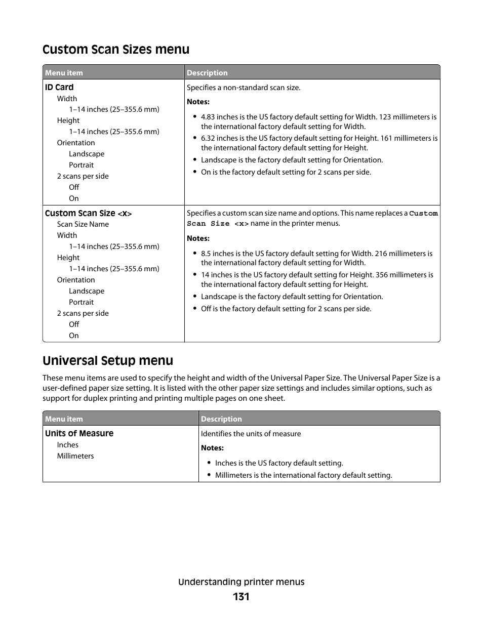 Custom scan sizes menu, Universal setup menu, Custom scan sizes menu universal setup menu | Lexmark 382 User Manual | Page 131 / 258