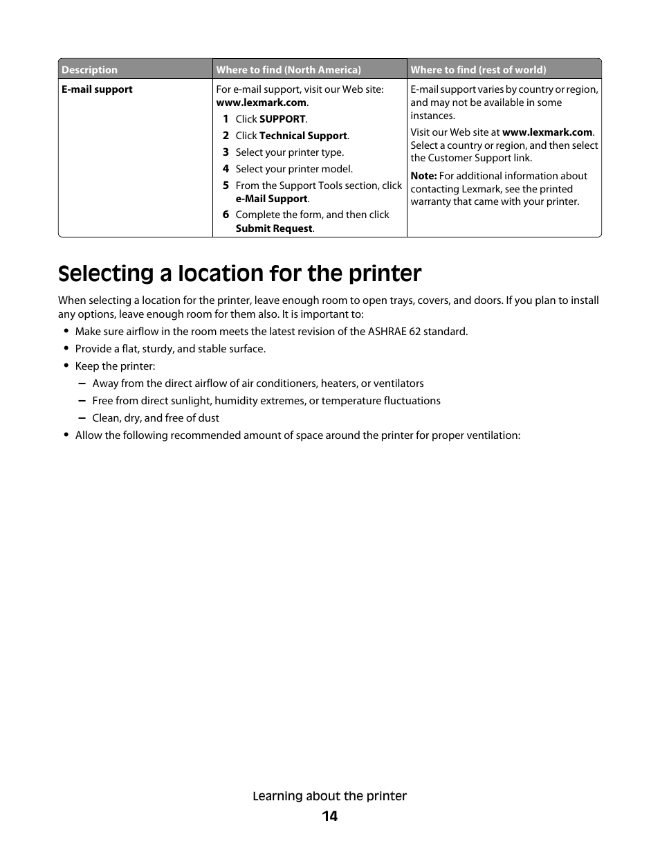 Selecting a location for the printer | Lexmark 382 User Manual | Page 14 / 258