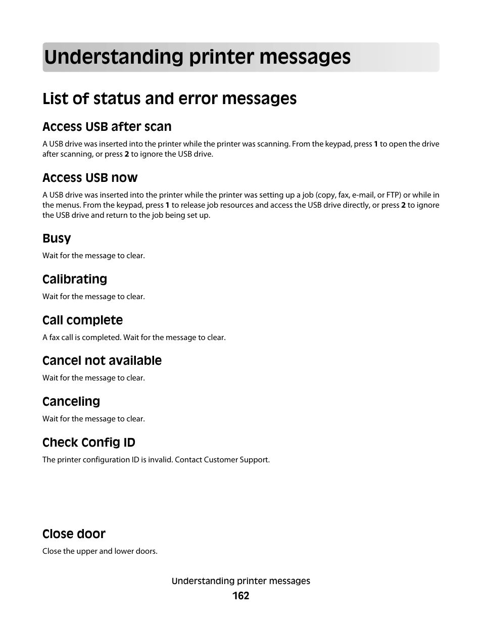 Understanding printer messages, List of status and error messages, Access usb after scan | Access usb now, Busy, Calibrating, Call complete, Cancel not available, Canceling, Check config id | Lexmark 382 User Manual | Page 162 / 258