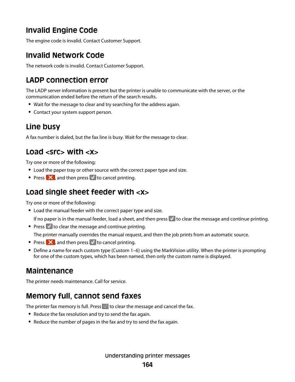 Invalid engine code, Invalid network code, Ladp connection error | Line busy, Load <src> with <x, Load single sheet feeder with <x, Maintenance, Memory full, cannot send faxes | Lexmark 382 User Manual | Page 164 / 258