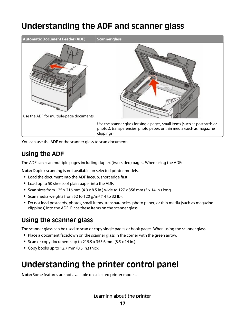 Understanding the adf and scanner glass, Understanding the printer control panel, Using the adf | Using the scanner glass | Lexmark 382 User Manual | Page 17 / 258