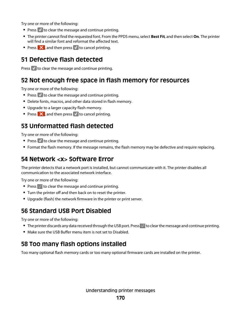 51 defective flash detected, 53 unformatted flash detected, 54 network <x> software error | 56 standard usb port disabled, 58 too many flash options installed | Lexmark 382 User Manual | Page 170 / 258
