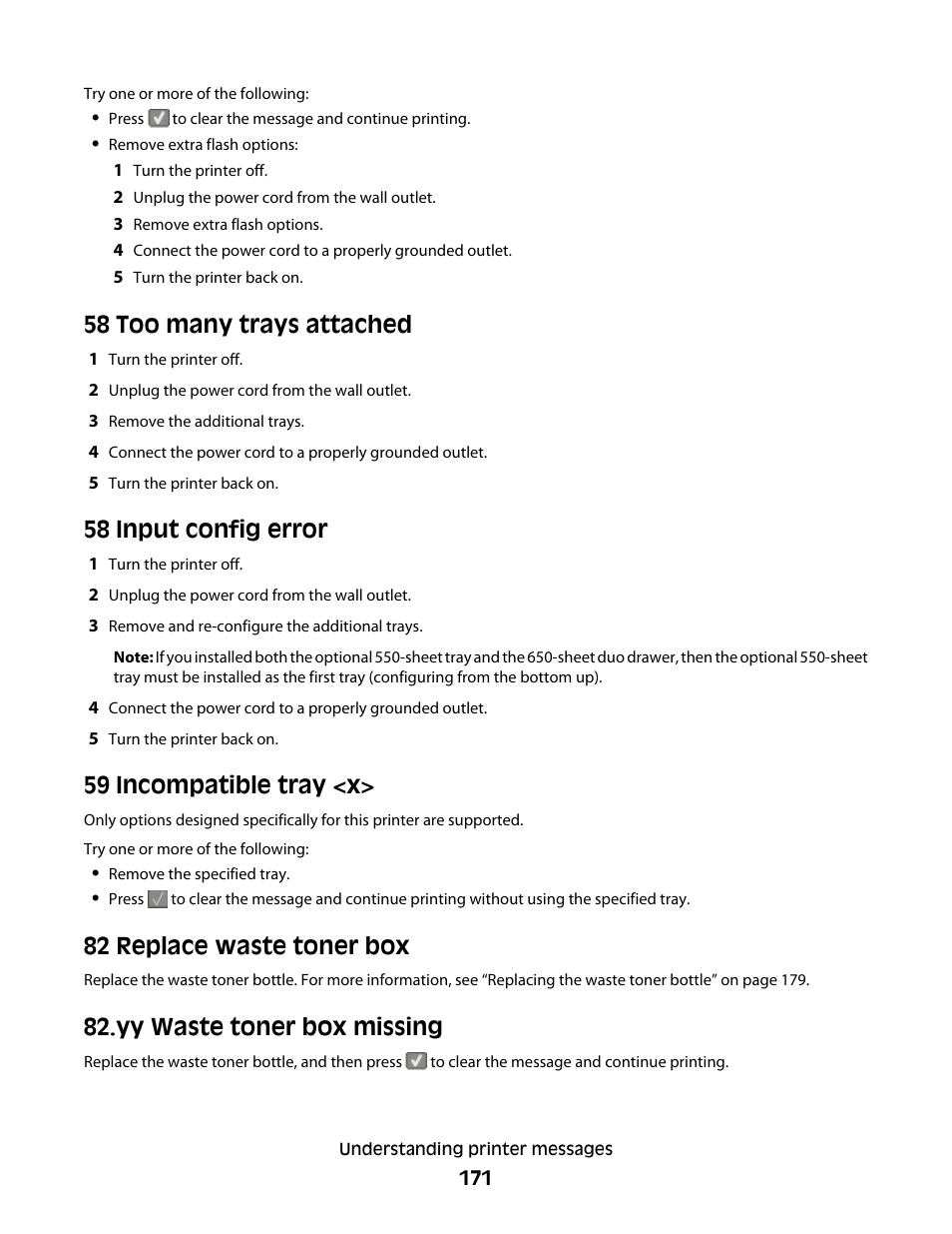 58 too many trays attached, 58 input config error, 59 incompatible tray <x | 82 replace waste toner box, Yy waste toner box missing | Lexmark 382 User Manual | Page 171 / 258