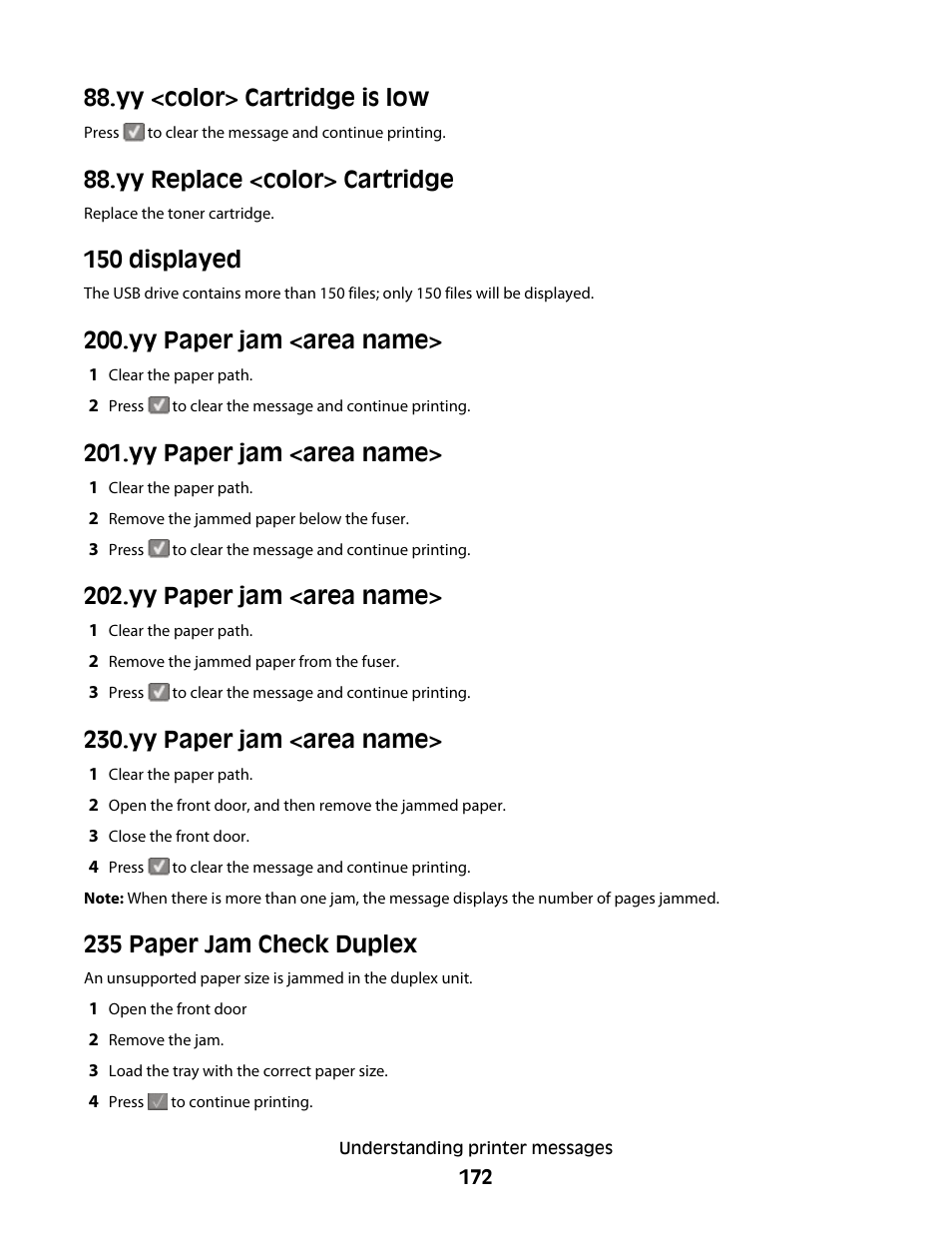 Yy <color> cartridge is low, Yy replace <color> cartridge, 150 displayed | Yy paper jam <area name, 235 paper jam check duplex | Lexmark 382 User Manual | Page 172 / 258