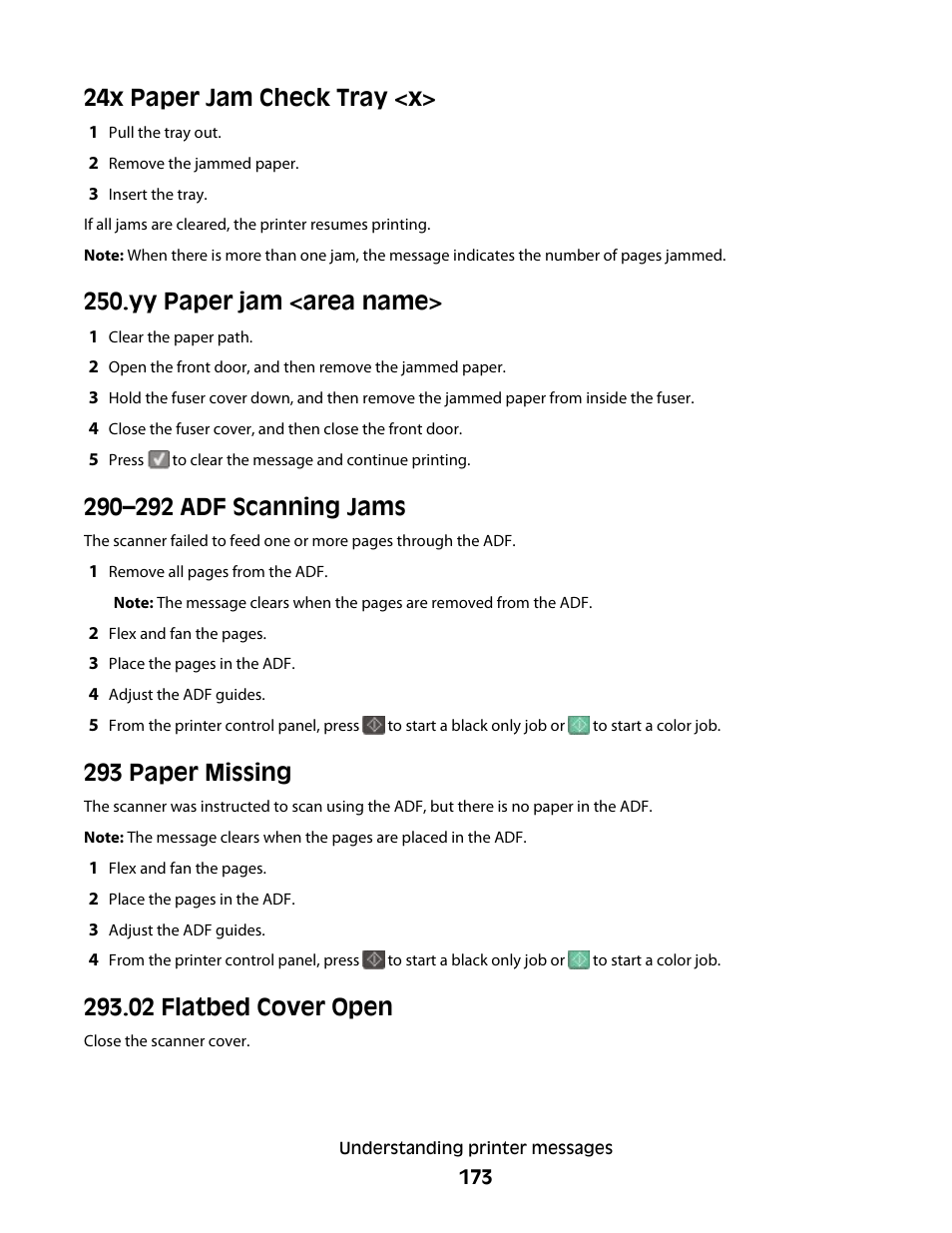24x paper jam check tray <x, Yy paper jam <area name, 290–292 adf scanning jams | 293 paper missing, 02 flatbed cover open | Lexmark 382 User Manual | Page 173 / 258