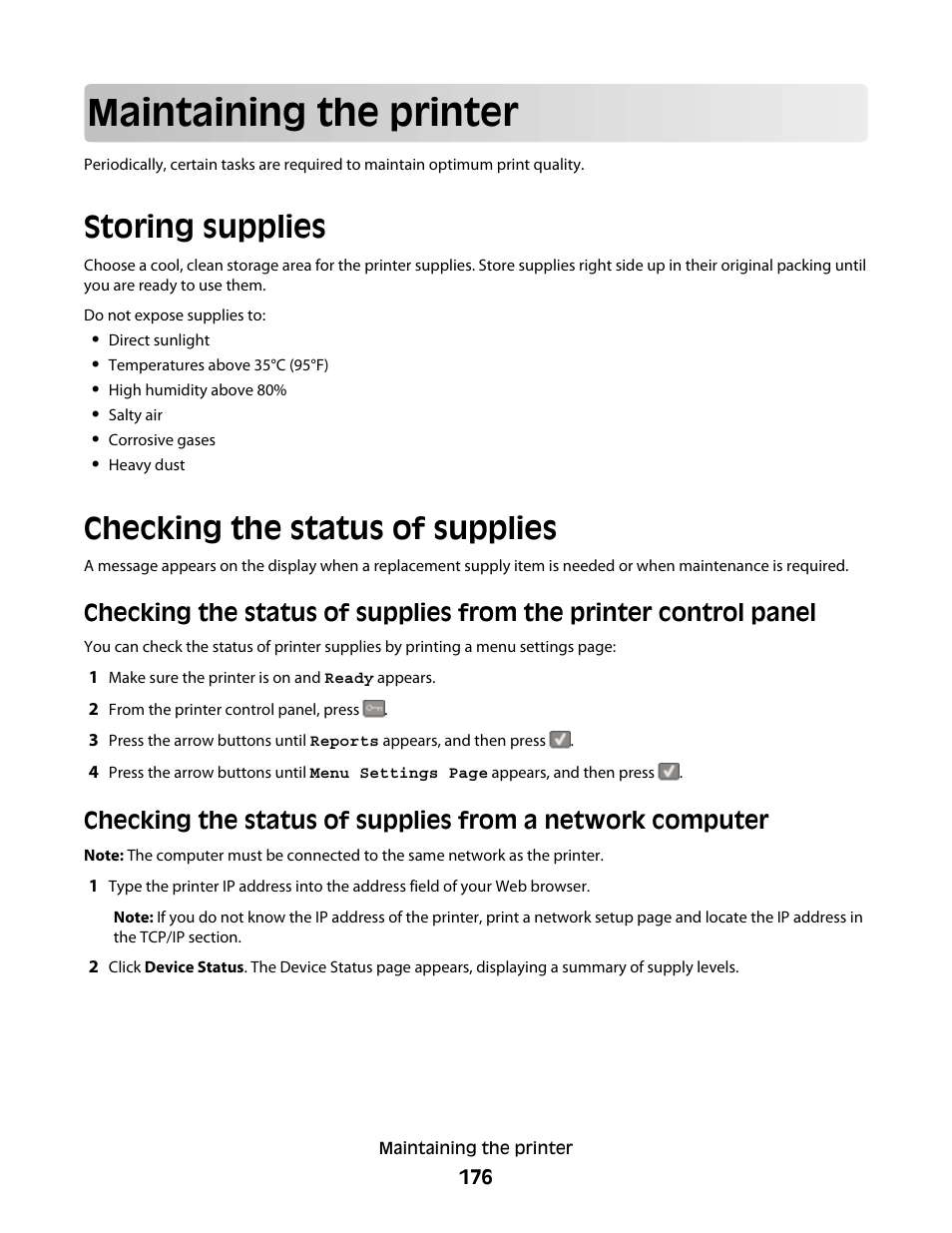 Maintaining the printer, Storing supplies, Checking the status of supplies | Storing supplies checking the status of supplies | Lexmark 382 User Manual | Page 176 / 258