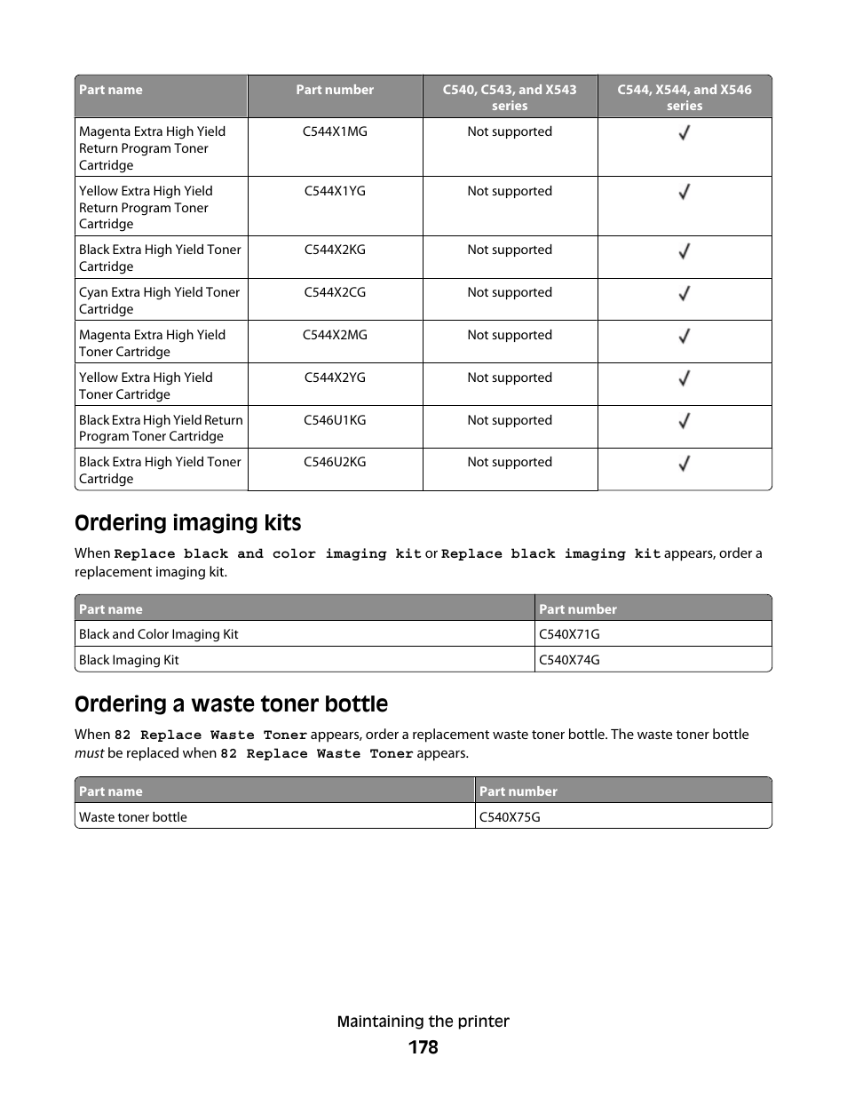 Ordering imaging kits, Ordering a waste toner bottle | Lexmark 382 User Manual | Page 178 / 258