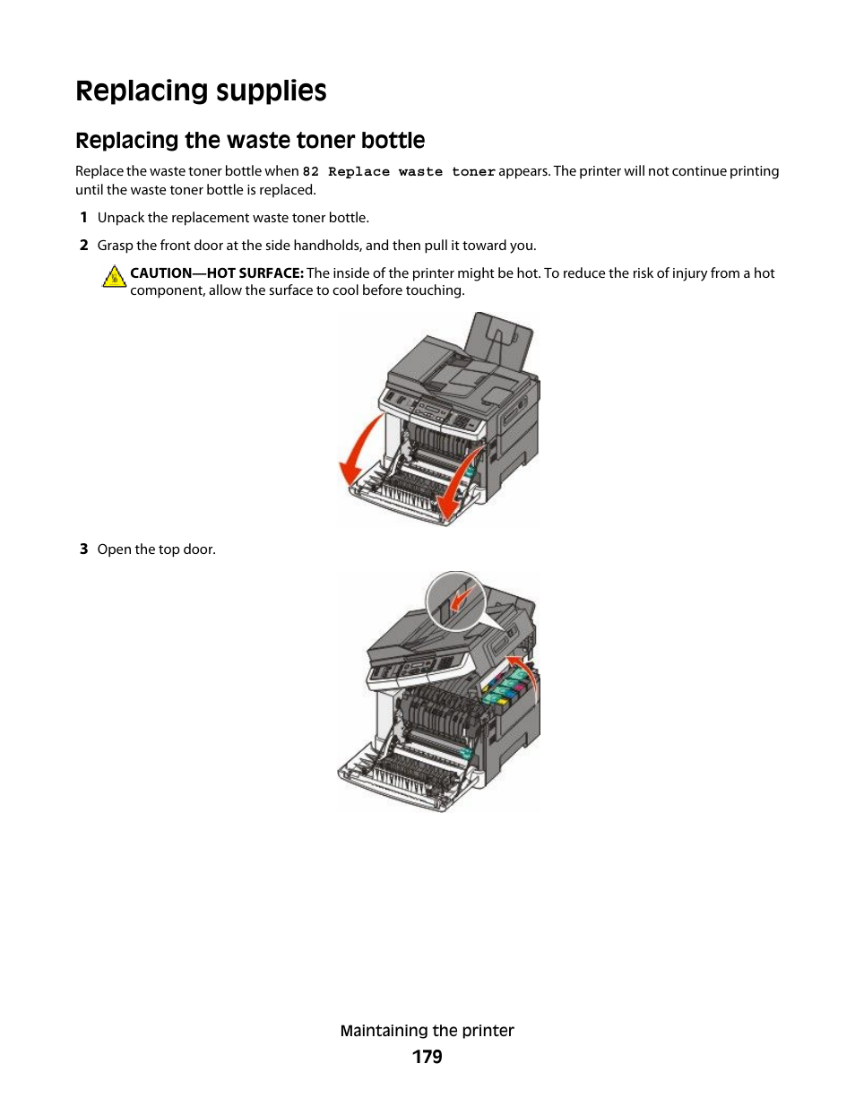 Replacing supplies, Replacing the waste toner bottle | Lexmark 382 User Manual | Page 179 / 258