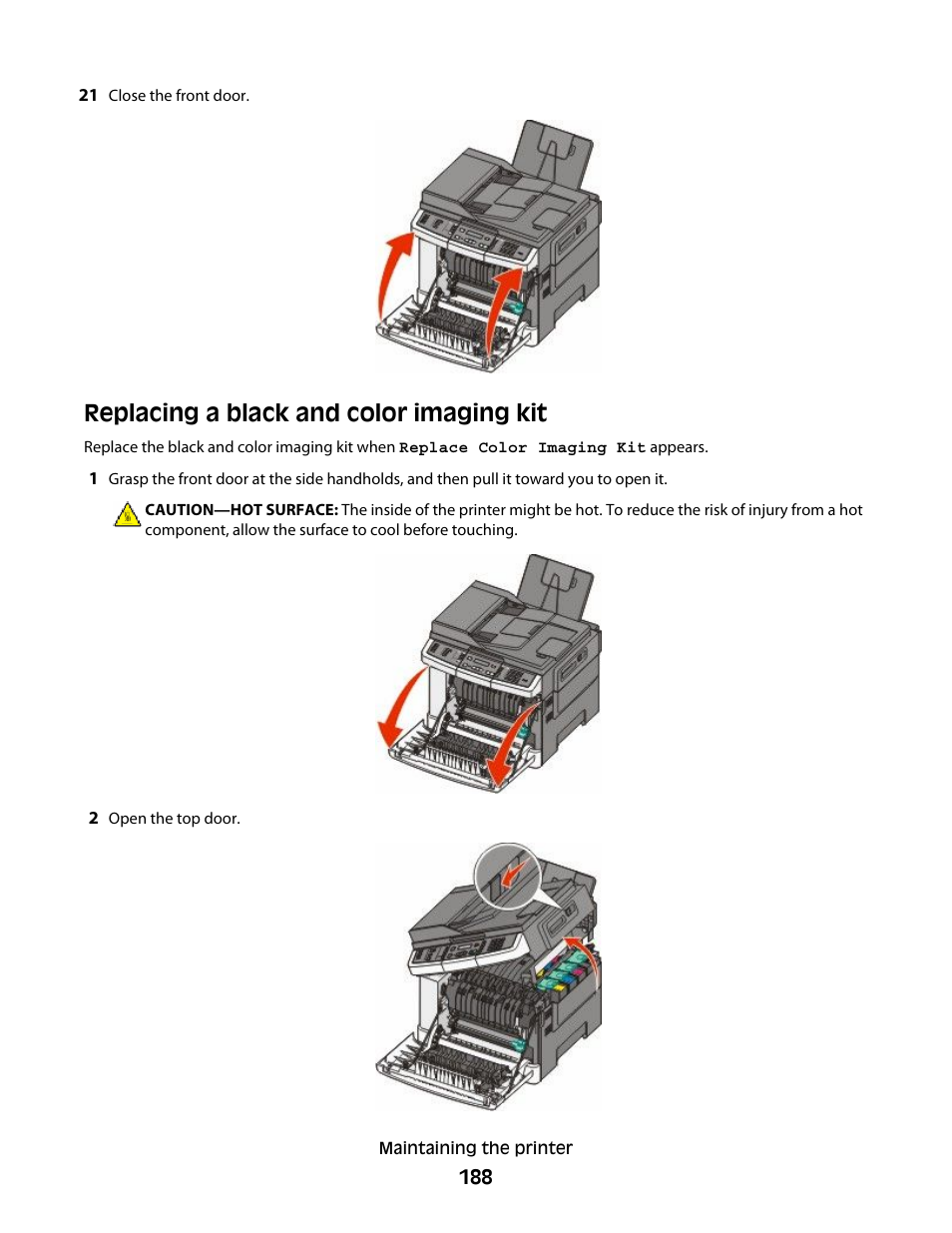 Replacing a black and color imaging kit | Lexmark 382 User Manual | Page 188 / 258