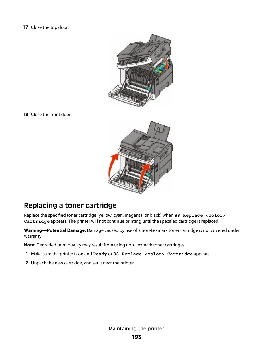 Replacing a toner cartridge | Lexmark 382 User Manual | Page 193 / 258
