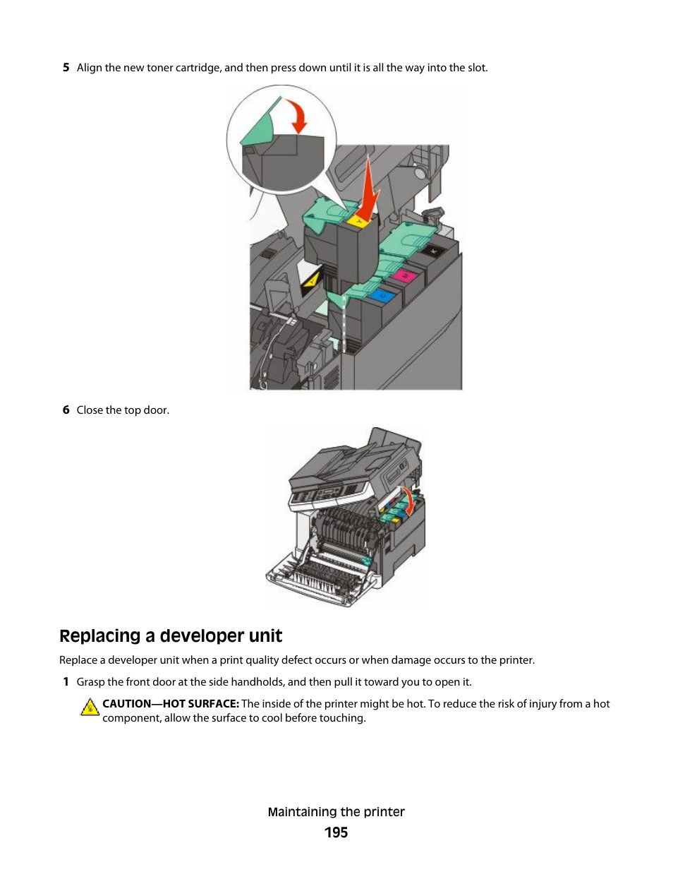 Replacing a developer unit | Lexmark 382 User Manual | Page 195 / 258