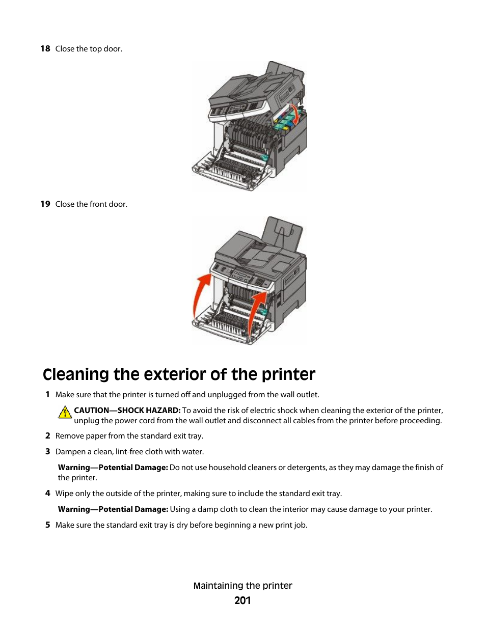 Cleaning the exterior of the printer | Lexmark 382 User Manual | Page 201 / 258