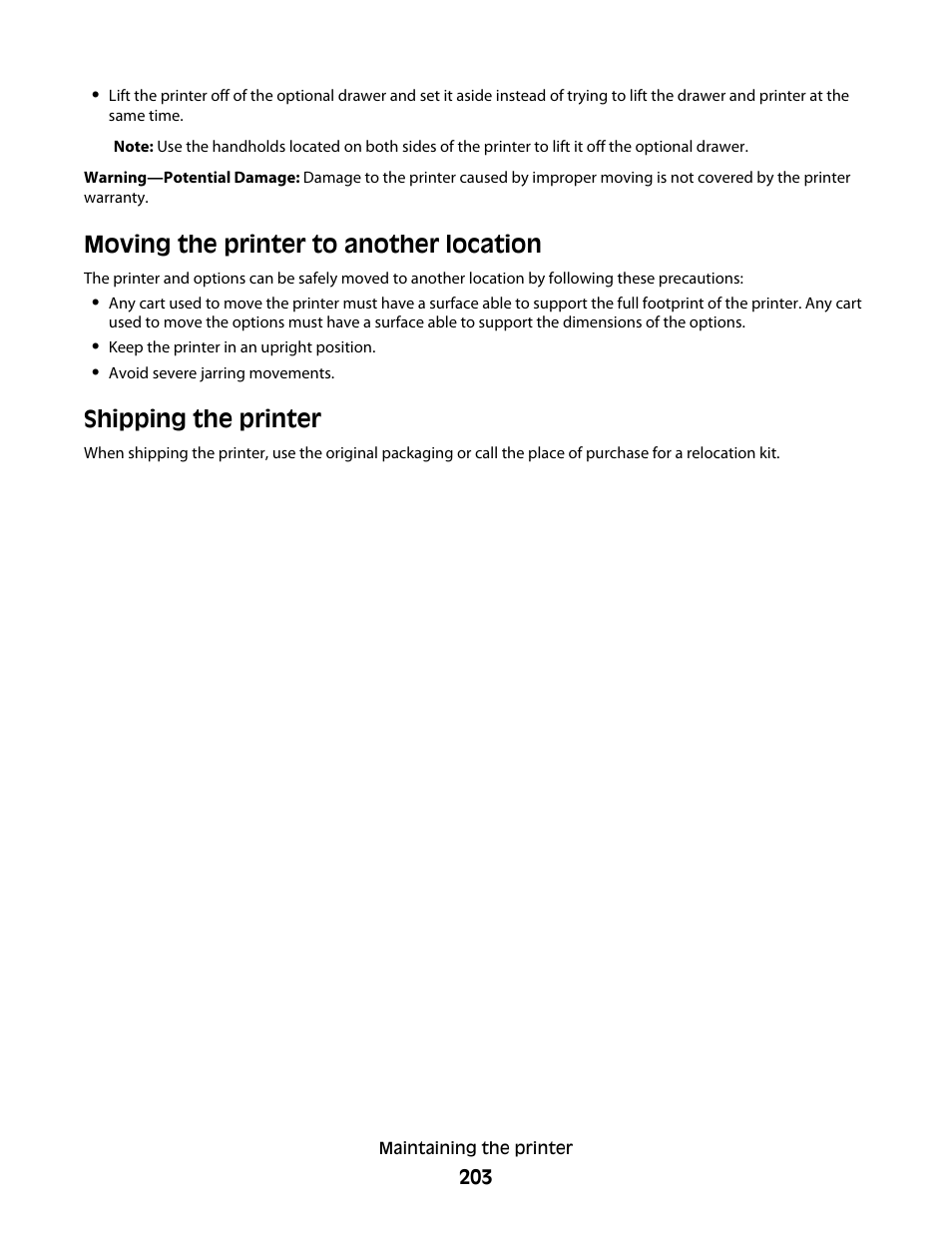 Moving the printer to another location, Shipping the printer | Lexmark 382 User Manual | Page 203 / 258